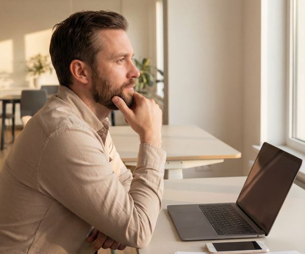 man thinking at computer